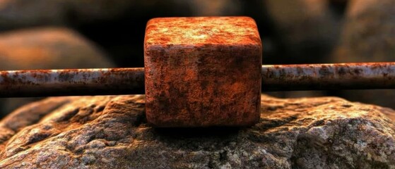  A rusted square block atop a rock Nearby, a rusted metal barrier fence