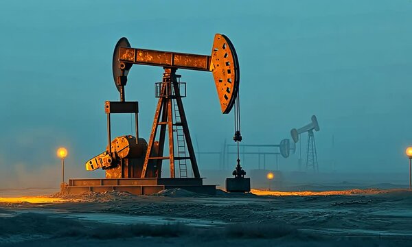 A single oil rig stands out against a hazy blue sky, with two other rigs visible in the distance.