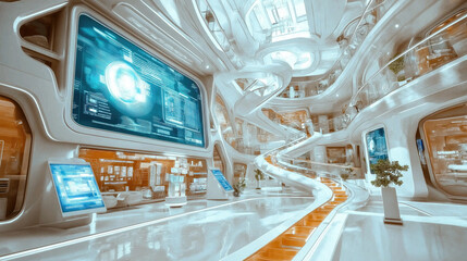 Modern 3d futuristic gallery with large screens and demonstration of various digital works of art, exhibits.Interactive technological light space