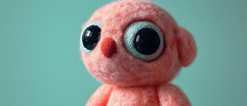  A detailed shot of a pink plush toy with large, expressive eyes and a distinctively shaped beak-like nose resembling a bird's
