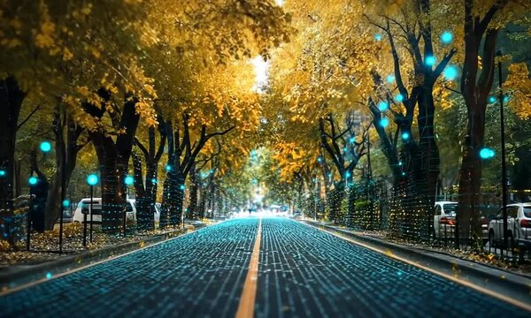 A city street with trees in autumn with a digital grid pattern on the road.