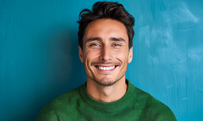 Cheerful Handsome Man Smiling in Green Sweater Against Blue Background, Positive Emotion, Happiness, Studio Portrait