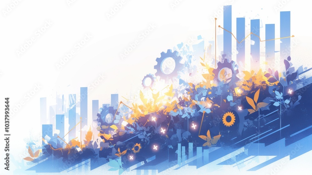 Aufkleber abstract data visualization with gears and nature elements in blue and orange