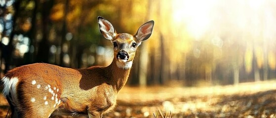  A deer stands in the forest, sun illuminating its back, head turned to one side