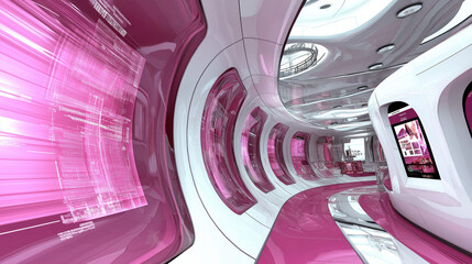 Modern 3d futuristic gallery with large screens and demonstration of various digital works of art, exhibits.Interactive technological light space