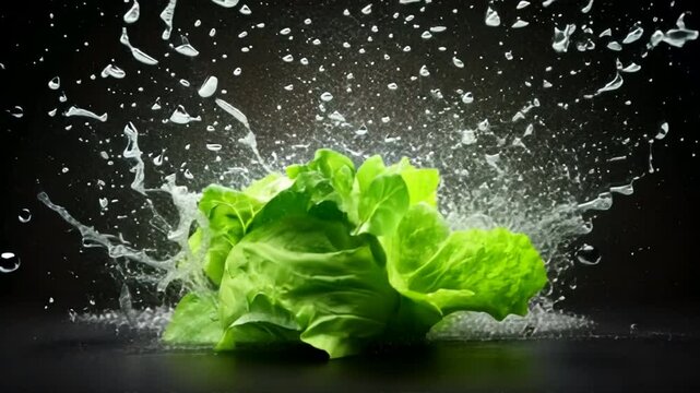 Lettuce Splash: A vibrant green lettuce head explodes in a dramatic water splash, creating a refreshing and dynamic visual. Perfect for your next healthy eating or food photography project. 