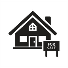 Home for sale icon. Real estate sign in front of house. Property for sale icon