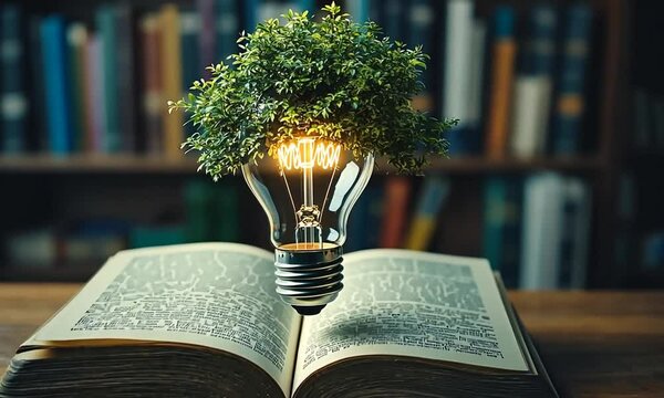 A glowing light bulb with a small tree growing out of it sits on top of an open book.
