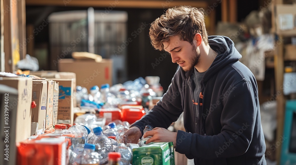 Poster volunteer sorting through a collection of donated items with a focus on recycling and organization