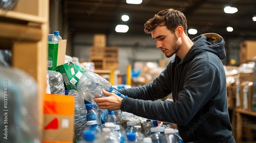 Poster Volunteer sorting through a collection of donated items with a focus on recycling and organization
