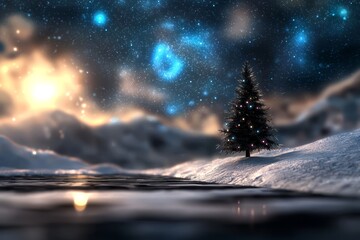 Snowy landscape - tree in foreground, star-filled sky in background