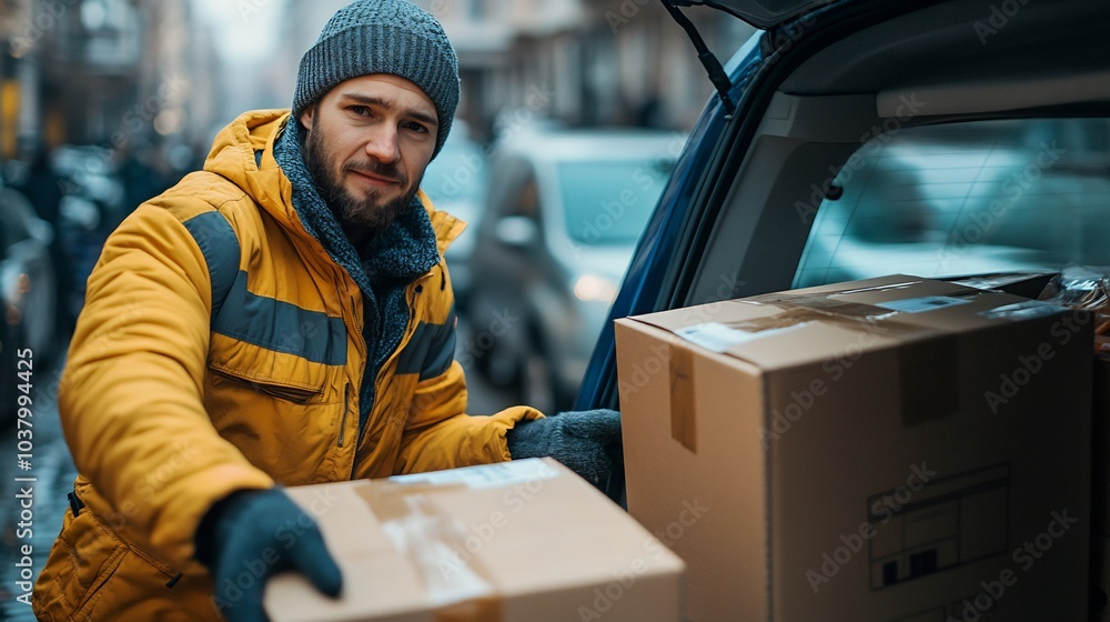 Aufkleber volunteer unloading boxes from a car for community donation emphasizing organization and help
