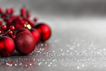  A red ornament group sits atop a silver counter, adjacent to a mound of mixed silver and red ornaments