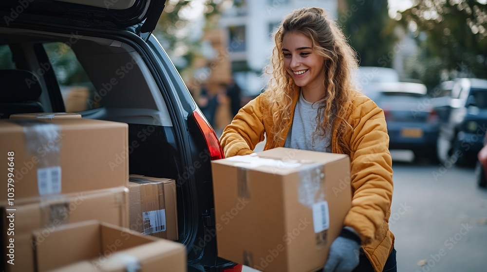 Poster volunteer unloading boxes from a car for community donation emphasizing organization and help
