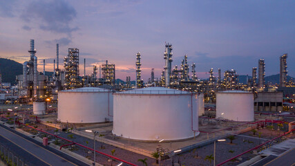 Aerial view oil and gas refinery industry, Oil and gas refinery industry factory petrochemical plant, Business oil and gas refinery power energy industry in pretoleum industrial zone. © Kalyakan