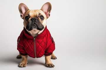 French Bulldog Wearing a Stylish Red Jacket Against a Plain Background, Showcasing Its Playful Personality and Adorable Features