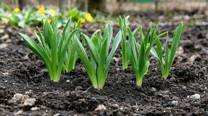 Fototapeta premium Freshly planted bulbs in a garden bed with small shoots emerging from the soil