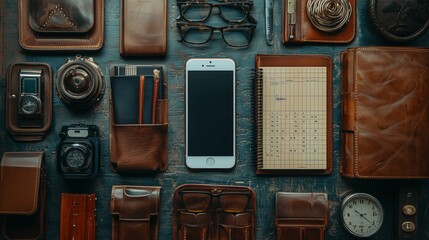 Business Essentials Flat Lay on Wooden Surface