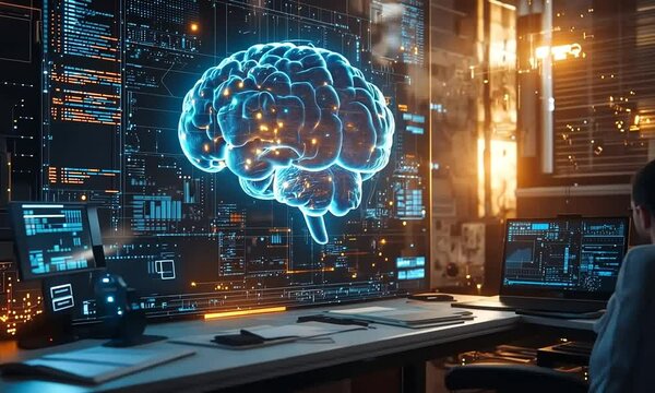 A futuristic workspace with a digital brain hologram on a monitor.