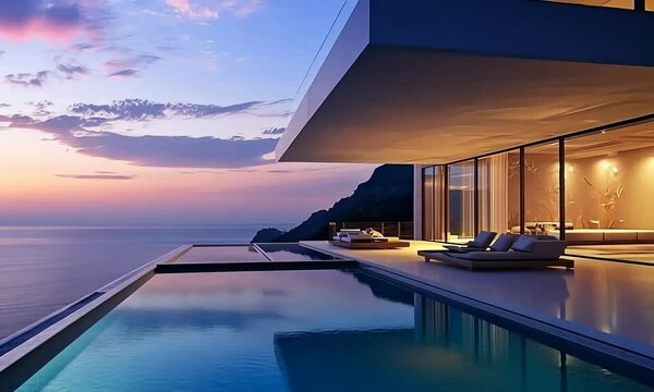 Modern luxury home with infinity pool overlooking the ocean at sunset.