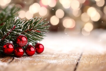 Obraz premium A Christmas tree branch with red baubles, closely framed, sits before a wood floor In front, a book of lights casts a warm glow