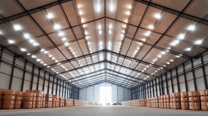 Vast Warehouse Interior: A wide-angle perspective showcases the expansive interior of a modern warehouse, complete with high ceilings, rows of stacked goods, and bright, industrial lighting.