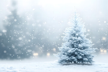 White snowy christmas tree background with lights bokeh