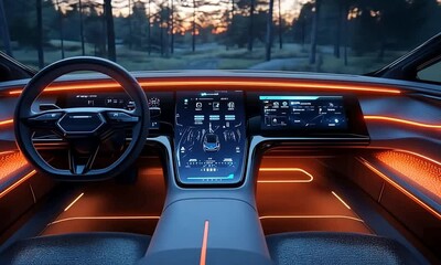 Modern car interior with a sleek, futuristic design featuring a large touchscreen display and ambient lighting.