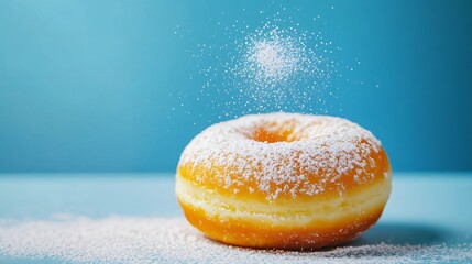 Apricot jam-filled donut with a light dusting of powdered sugar, isolated on a bright, summery background
