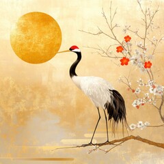 Japanese Kimono Design with Elegant Crane and Floral Motifs on a Beautiful Background © Tuong