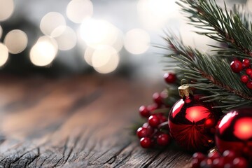  A tight shot of a Christmas ornament atop a wooden table, surrounded by a tree branch and indistinct holiday lights in the backdrop