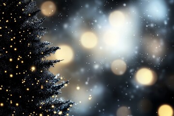 Naklejka premium A crystal-clear image of a Christmas tree, adorned with twinkling lights against a snowy backdrop, features snowflakes in the foreground