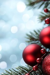  A tight shot of a Christmas tree, adorned with baubles dangling from its branches, and a book of twinkling lights in the backdrop