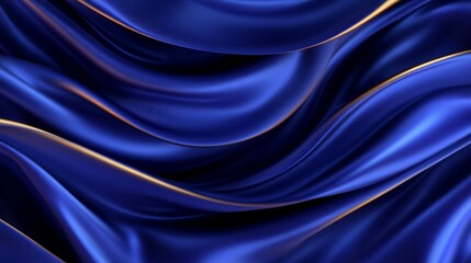 Obraz premium A close-up of flowing blue satin fabric with golden edges, showcasing texture and elegance.