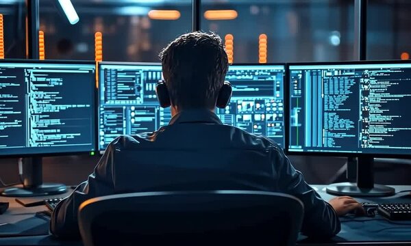 A programmer works late into the night on a project, his three monitors glowing brightly in the dark room.