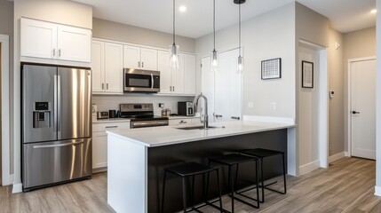 Modern kitchen featuring sleek appliances and a minimalist design with a central island.
