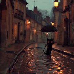 Obraz premium A street cat walks under the rain with an umbrella in a charming European alley, surrounded by old buildings.