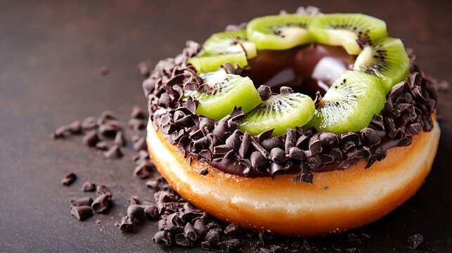 Coconut-filled donut topped with chocolate and sliced kiwi, isolated on a dark brown background with tropical decor