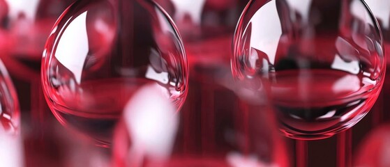  A set of wine glasses align on a white countertop One glass holds red liquid