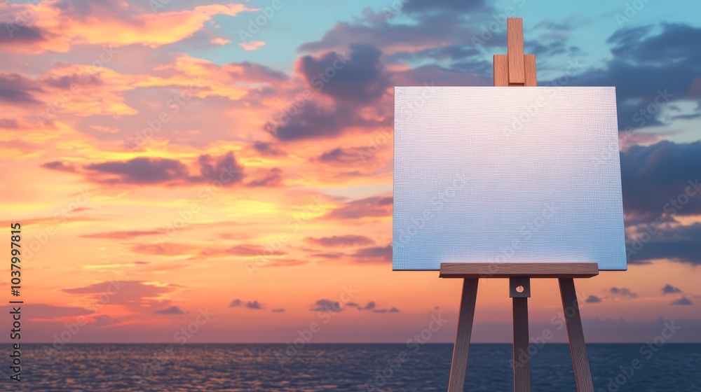 Poster a blank canvas mockup on an easel set against a beautiful sunset backdrop is perfect for art related