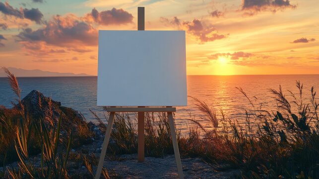 A blank canvas mockup on an easel set against a beautiful sunset backdrop is perfect for art related content and workshops.