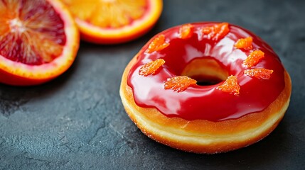 Donut topped with blood orange glaze, isolated on a dark stone background with thin blood orange slices