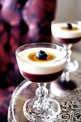  A tight shot of a dessert in a glass bowl on a table A purple chair visible in the background