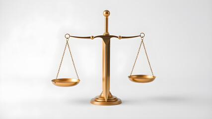 A brass balance scale with a sword in the middle with white background. Generative AI