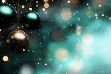  A tight shot of three Christmas ornaments suspended from a string against a hazy backdrop of drifting snowflakes