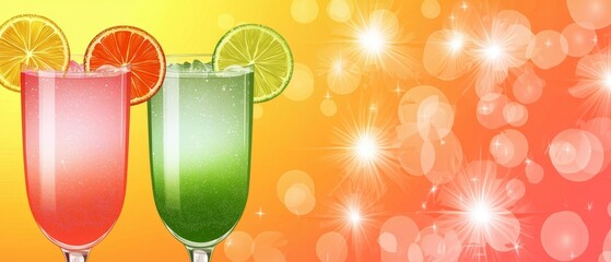  Two glasses, each holding a filled liquid portion, garnished with an orange slice in one and a lime slice in the other