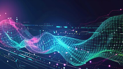 Obraz premium Abstract Digital Wave with Neon Lights and Grid