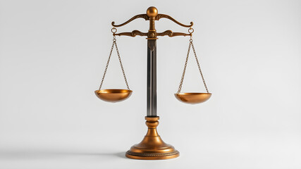 A brass balance scale with a sword in the middle with white background. Generative AI