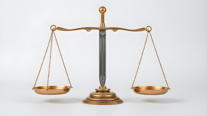 A brass balance scale with a sword in the middle with white background. Generative AI