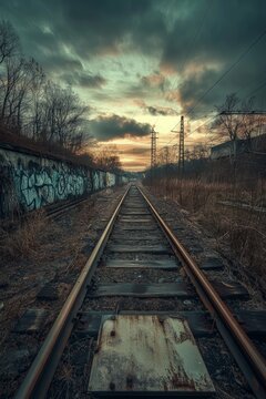  A train track adorned with graffiti, backdrop of cloud-filled sky